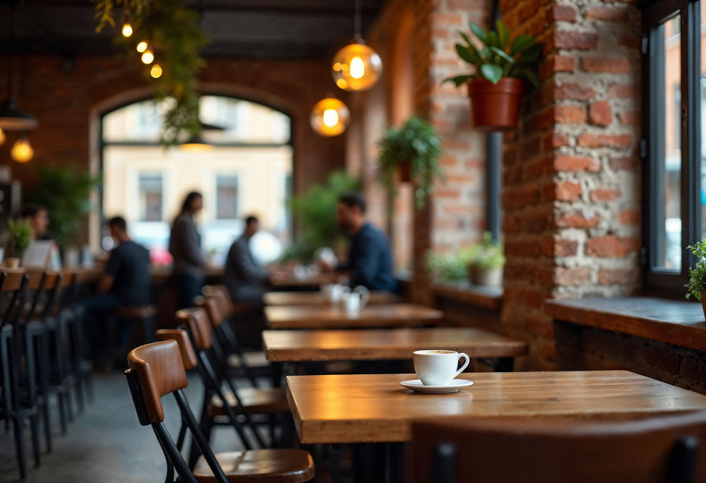 Baraza cafe interior with warm brick walls and hanging lights
