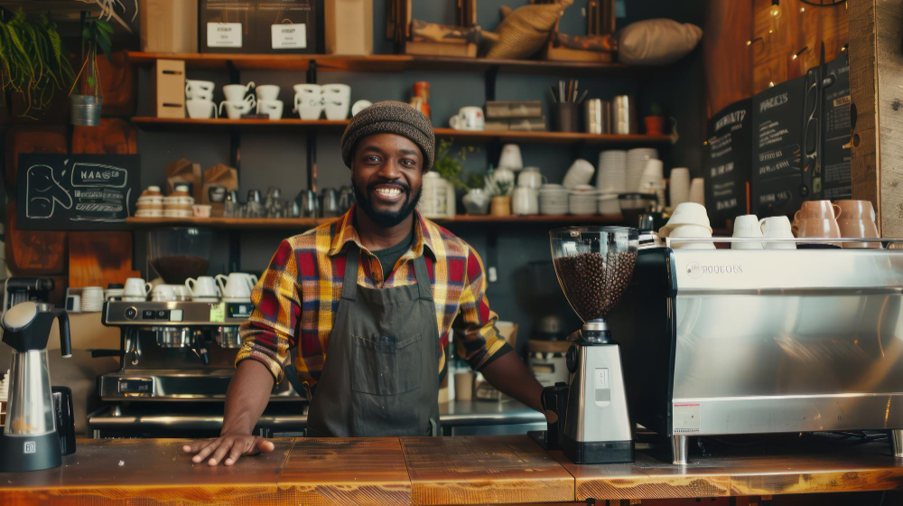 Smiling barista behind the counter surrounded by cups and a grinder